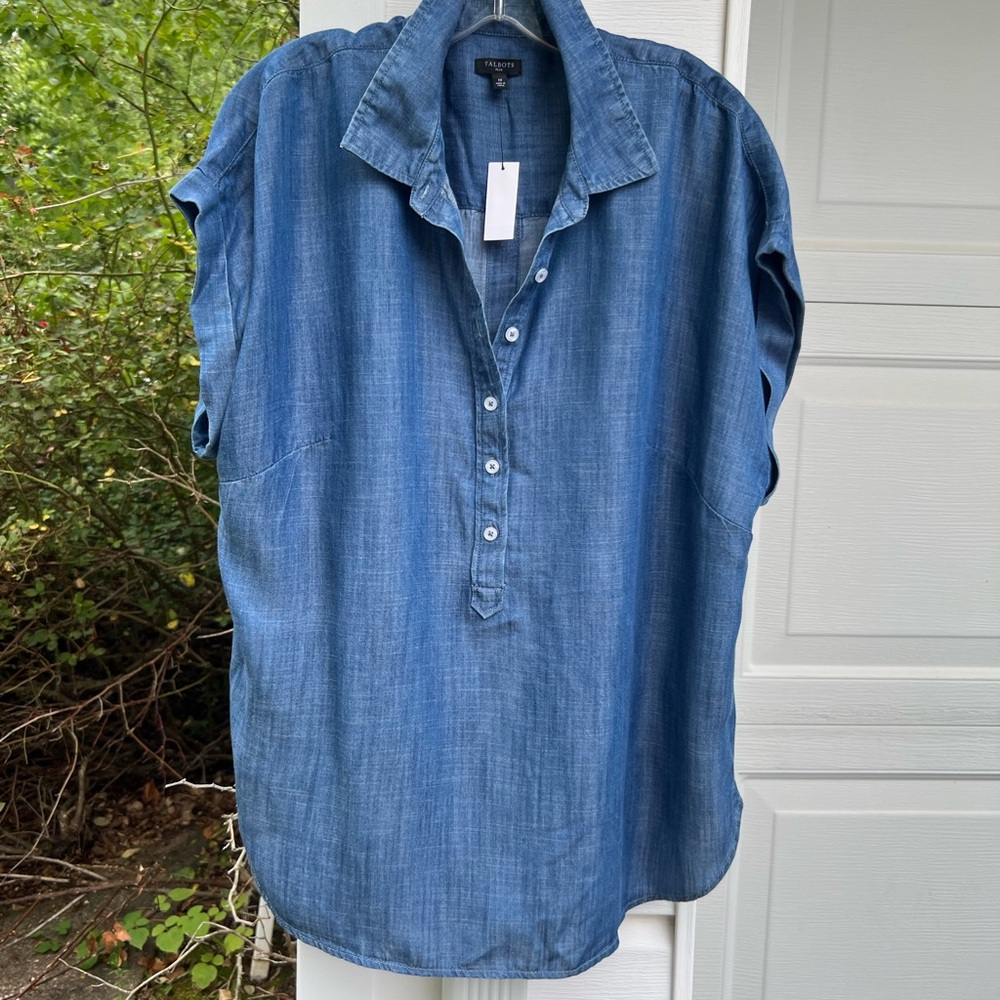 NWT Talbots Fun Blue Tencel Short Sleeve Buttons Down The Back Blouse - Picture 5 of 5
